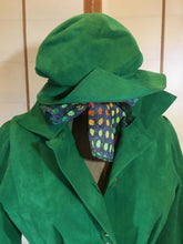 Load image into Gallery viewer, Women's Vintage Coat Hat- 60s Mod Green Suede Spy Trench 3 Piece Ensemble Hat Scarf Coat Rainbow Lining S/M/L