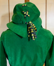 Load image into Gallery viewer, Women's Vintage Coat Hat- 60s Mod Green Suede Spy Trench 3 Piece Ensemble Hat Scarf Coat Rainbow Lining S/M/L
