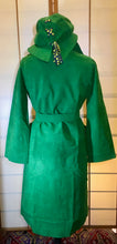 Load image into Gallery viewer, Women's Vintage Coat Hat- 60s Mod Green Suede Spy Trench 3 Piece Ensemble Hat Scarf Coat Rainbow Lining S/M/L