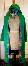 Load image into Gallery viewer, Women's Vintage Coat Hat- 60s Mod Green Suede Spy Trench 3 Piece Ensemble Hat Scarf Coat Rainbow Lining S/M/L