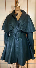 Load image into Gallery viewer, Vintage Women's Coat-70s 80s Dark Green Leather Studio 54 Belted Pinup Cape Coat Jacket Fit Flare Skirt Fit Flare Princess M L XL Trench Spy