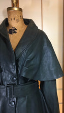 Load image into Gallery viewer, Vintage Women's Coat-70s 80s Dark Green Leather Studio 54 Belted Pinup Cape Coat Jacket Fit Flare Skirt Fit Flare Princess M L XL Trench Spy