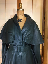 Load image into Gallery viewer, Vintage Women's Coat-70s 80s Dark Green Leather Studio 54 Belted Pinup Cape Coat Jacket Fit Flare Skirt Fit Flare Princess M L XL Trench Spy