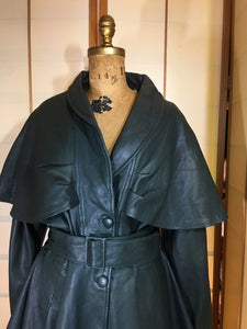 Vintage Women's Coat-70s 80s Dark Green Leather Studio 54