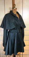 Load image into Gallery viewer, Vintage Women's Coat-70s 80s Dark Green Leather Studio 54 Belted Pinup Cape Coat Jacket Fit Flare Skirt Fit Flare Princess M L XL Trench Spy