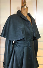 Load image into Gallery viewer, Vintage Women's Coat-70s 80s Dark Green Leather Studio 54 Belted Pinup Cape Coat Jacket Fit Flare Skirt Fit Flare Princess M L XL Trench Spy