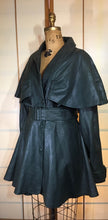 Load image into Gallery viewer, Vintage Women's Coat-70s 80s Dark Green Leather Studio 54 Belted Pinup Cape Coat Jacket Fit Flare Skirt Fit Flare Princess M L XL Trench Spy