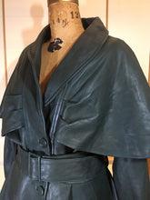 Load image into Gallery viewer, Vintage Women's Coat-70s 80s Dark Green Leather Studio 54 Belted Pinup Cape Coat Jacket Fit Flare Skirt Fit Flare Princess M L XL Trench Spy