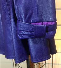 Load image into Gallery viewer, Vintage Women&#39;s Coat- 70s 80s Purple Violet Leather Trench Dress Coat Jacket Studio 54 Fit Flare Spy Length 3/4 Flexible Size Princess