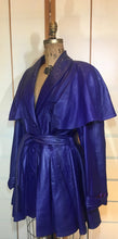Load image into Gallery viewer, Vintage Women&#39;s Coat- 70s 80s Purple Violet Leather Trench Dress Coat Jacket Studio 54 Fit Flare Spy Length 3/4 Flexible Size Princess