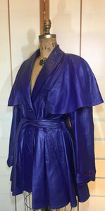 Vintage Women's Coat- 70s 80s Purple Violet Leather Trench Dress Coat Jacket Studio 54 Fit Flare Spy Length 3/4 Flexible Size Princess