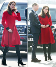 Load image into Gallery viewer, 60s Mod Red Lilli Ann Fit and Flare Black Fox Fur Trim Coat Belted Kate Middleton S/M Princess Pinup Holiday Valentine&#39;s Day Coat