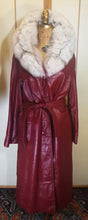 Load image into Gallery viewer, 70s Deep Red Leather Trench Coat with Fox Fur Collar Spy Rain Coat L/XL Hippy Boho