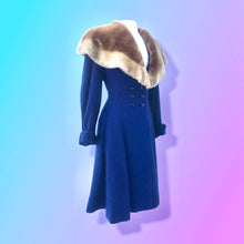 Load image into Gallery viewer, 40’s Vintage Cobalt Blue Fit Flare “New Look” Princess Full Skirt Coat with Massive Shearling Mouton Ombré Collar