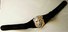 Load image into Gallery viewer, Vintage 80s Lion Belt with Real Swarovski Crystals Made in Austria Henry Bijoux Paris Hand Made Suede Black Small Jeweled Thick Cinch Glam