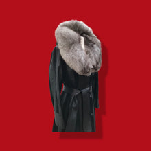 Load image into Gallery viewer, 70’s Spy Trench Black Leather with Suede inlay Fox fur Removable Collar