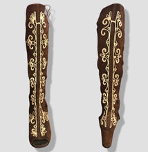 Load image into Gallery viewer, 60’s 70’s Gogo Gladiator Boots Size 7.5/8 Suede Brown Embroidered
