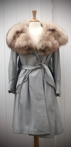 70s Leather Fox Fur Vintage Women's Coat- Massive Silver Norwegian Fox Fur and Silvery Blue Blue-ish Leather