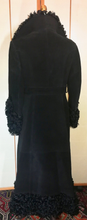 Load image into Gallery viewer, Black Suede Leather Curly Lamb Mongolian Penny Lane Almost Famous Hippy Shearling Russian Princess Coat S/M Full Length Long