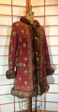 Load image into Gallery viewer, Vtg 70s Red Suede Coat Embroidered Mink Afghan Turkish Coat Carpet Tapestry Wooden Toggle 3/4 Length S/M/L Penny Lane Almost Famous Hippy