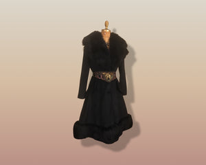 60’s Black Coat Vintage Lilli Ann Fit and Flare Shearling Pinup Princess Beaded Belt