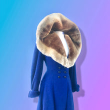 Load image into Gallery viewer, 40’s Vintage Cobalt Blue Fit Flare “New Look” Princess Full Skirt Coat with Massive Shearling Mouton Ombré Collar