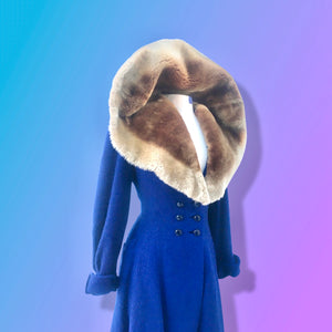 40’s Vintage Cobalt Blue Fit Flare “New Look” Princess Full Skirt Coat with Massive Shearling Mouton Ombré Collar