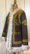 Load image into Gallery viewer, Afghan Suede Embroidered Shearling Sheepskin Lining Long Goat Made in Turkey Genuine Ethnic Hippy Beatles Penny Lane Almost Famous Coat S/M