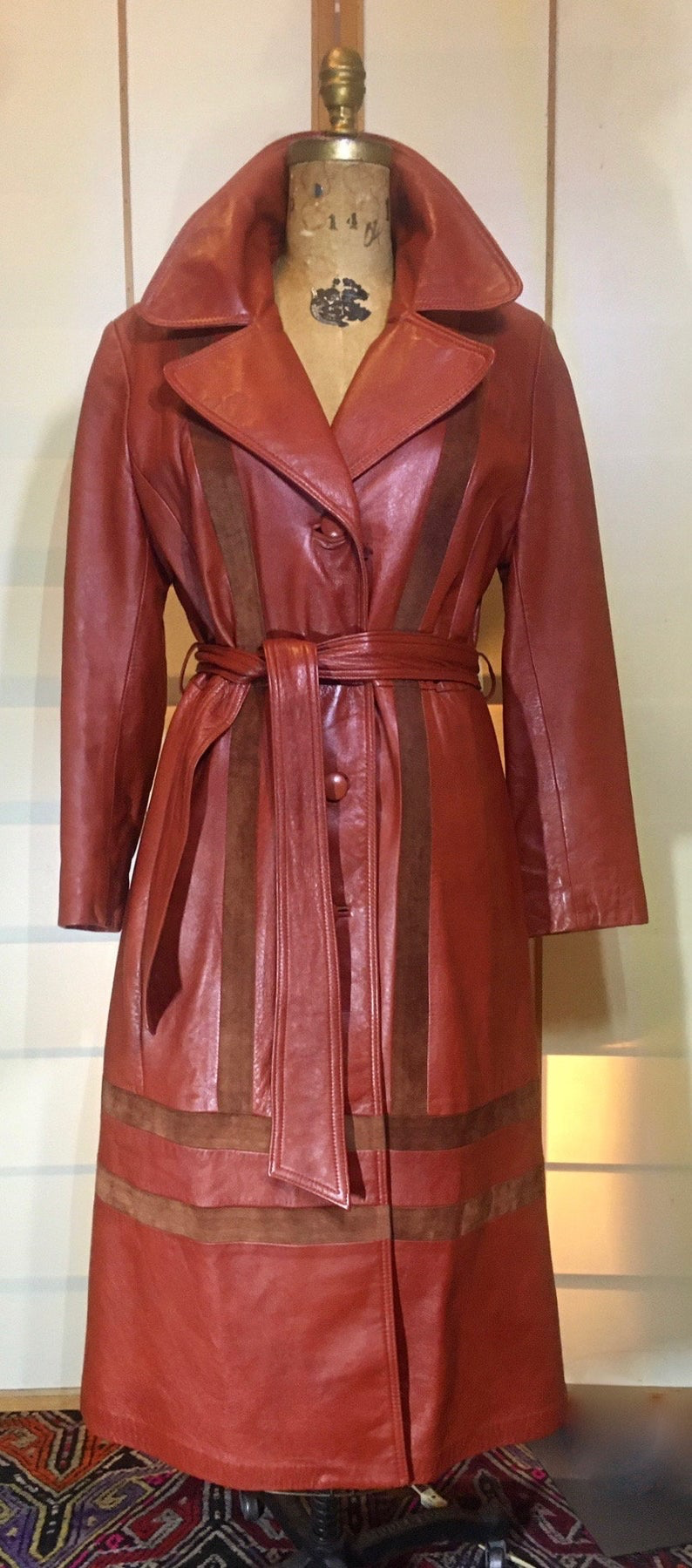 Women's Vintage Coat- 70s Red Leather Trench Brown Suede Inserts Fit Flare Avant Gard Sleek Soft Buttery Leather M/L