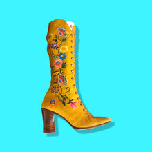 Load image into Gallery viewer, Iconic 70’s Mustard Yellow Suede Floral Embroidered Boots size 7 Wooden Heel