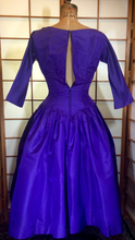 Load image into Gallery viewer, 50s Purple Dress--Taffetta Pinup Audrey Hepburn Sabrina! Pleated Full Skirted Double Layered Crinoline 3/4 Sleeves Dress S/XS