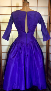 50s Purple Dress--Taffetta Pinup Audrey Hepburn Sabrina! Pleated Full Skirted Double Layered Crinoline 3/4 Sleeves Dress S/XS