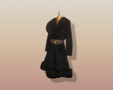 Load image into Gallery viewer, 60’s Black Coat Vintage Lilli Ann Fit and Flare Shearling Pinup Princess Beaded Belt