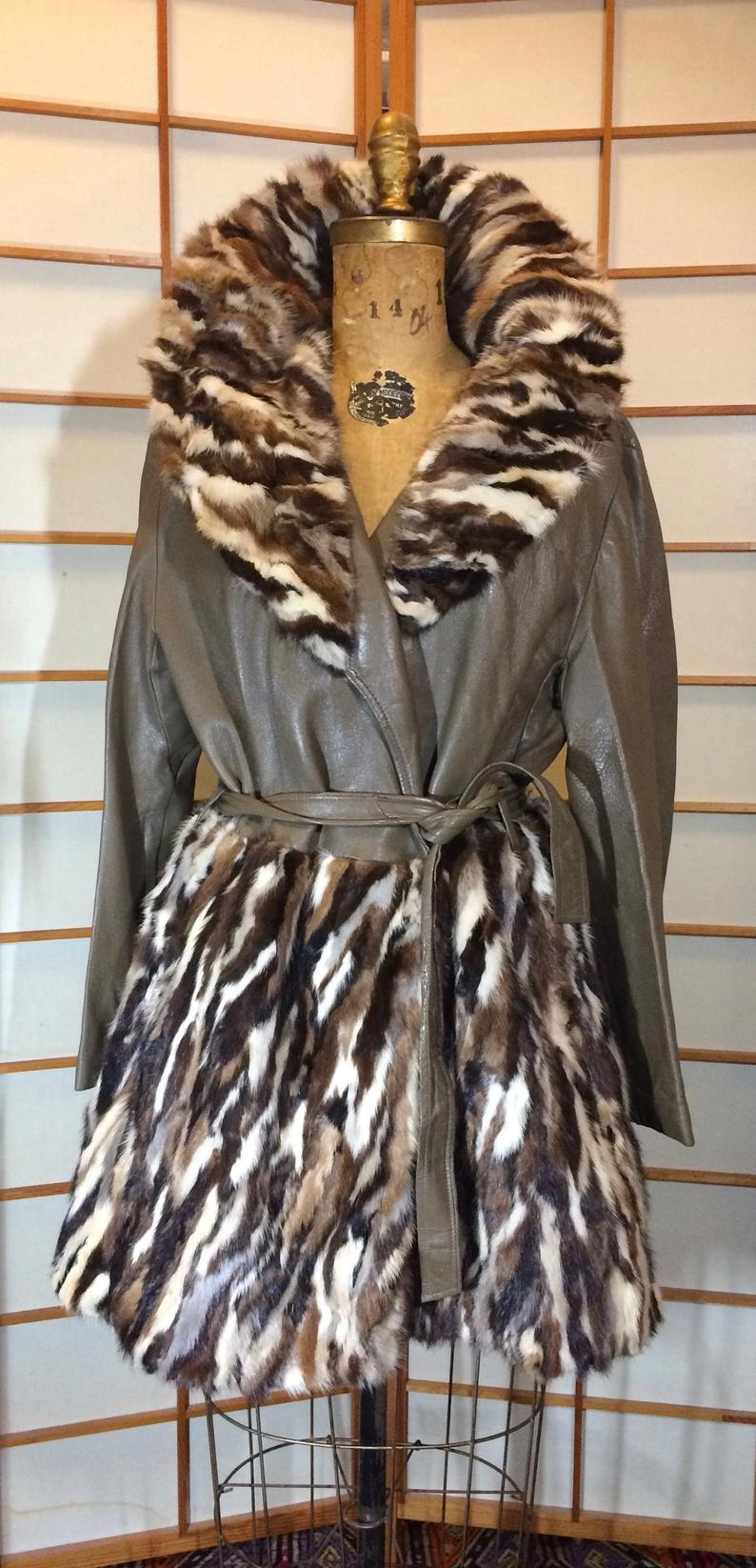 70s Leather Fur Mink Cocoa Swirl Patchwork Vintage Coat With Fur Skirt S/M/L