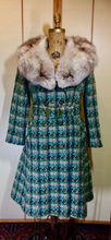 Load image into Gallery viewer, Mod Green Tweed Plaid Peacoat Coat--60s Knitted Wool Double Breasted Belted Removeable Fox Fur Coat S/M