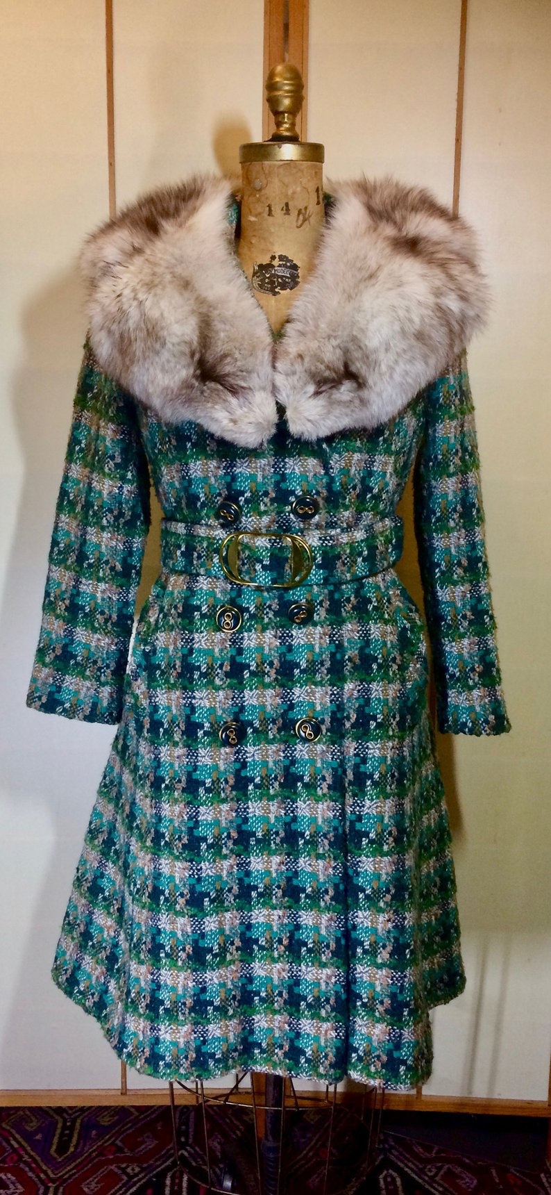 Mod Green Tweed Plaid Peacoat Coat--60s Knitted Wool Double Breasted Belted Removeable Fox Fur Coat S/M
