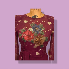 Load image into Gallery viewer, 70’s 80’s Vintage Bergundy Purple Chiffon High Low Floral Dress Tassle Extra Belt