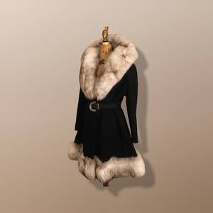 60’s Vintage Black Karakul Persian Lamb and Silver Fox Fur Princess Coat Fit Flare Swarovski Crystal Belt