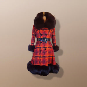 60’s Scottish Knit Plaid Red LIlli Ann Coat with Fox Fur Trim