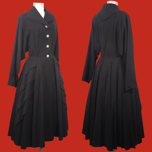 Load image into Gallery viewer, Black Wool Princess Fit and Flare 1940s 1950s Fit and Flare Coat Dress Post World War II Medium Rhinestone Crystal Button New Look reserved for Elizabeth