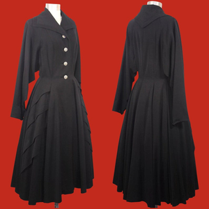 Black Wool Princess Fit and Flare 1940s 1950s Fit and Flare Coat Dress Post World War II Medium Rhinestone Crystal Button New Look reserved for Elizabeth