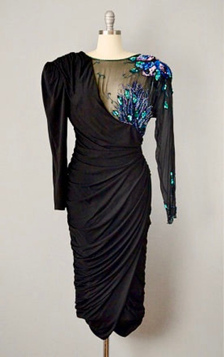 80s 40s Pinup Wiggle Dress Film Noir Ruched Sheer Dress Hand Beaded Jeweled Peacock Colors Marilyn Monroe S/M