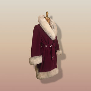 60s Wine Cranberry Coat in Velveteen and Shearling with Grommet Belt