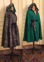 Load image into Gallery viewer, Vintage 70s Reversible Cape Green/Leopard Print Thick Wool Long Hooded Boho Renaissance Hippy Burning Man Unisex One Size Fits All