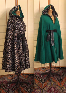 Vintage 70s Reversible Cape Green/Leopard Print Thick Wool Long Hooded Boho Renaissance Hippy Burning Man Unisex One Size Fits All