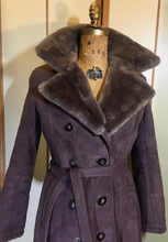 Load image into Gallery viewer, 70s Suede Sheepskin Shearling Saks Fifth Ave Brown Penny Lane Coat Princess Fit and Flare Almost Famous Small Medium Boho Hippy Bohemian