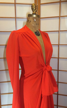 Load image into Gallery viewer, 1970s Plunging Red Dress &quot;Lady in Red&quot; Plunging Knotted Neckline Empire Dress M/L Made in Paris