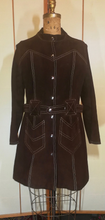 Load image into Gallery viewer, 70s Brown Suede Stitch Detail Tailored Jacket Coat S/M Trench Spy Boho Hippy Chic