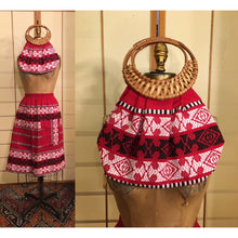 Load image into Gallery viewer, Vintage 70s Matching Skirt and Purse Set Ethnic South American Red White Cotton with Wicker Handle Bag up to 36" Waist Skirt Boho Brocade