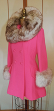 Load image into Gallery viewer, 60s Pink Lilli Ann Norwegian Fox Fur Coat Fit and Flare Neon Florescent Bright Pink Double Breasted S/M Princess